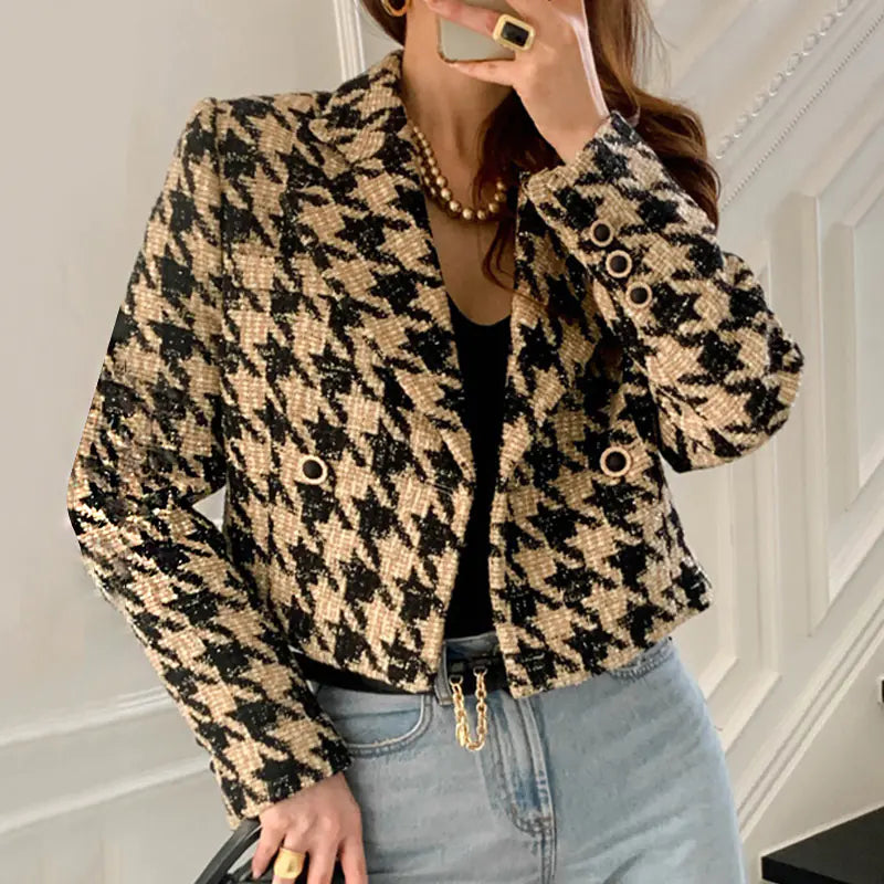 Chic Korean Autumn Winter Houndstooth Blazer Cardigan