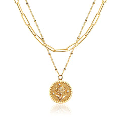 Valloey Rover Birth Flower Necklace for Women 14K Gold Plated Layered Dainty Carved Floral Pendant Necklace Personalized Engrave Month Necklace for Birthday Jewelry (November- Mums)