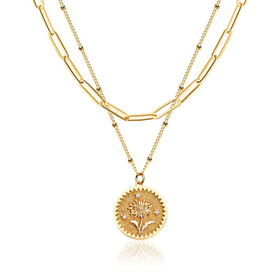 Valloey Rover Birth Flower Necklace for Women 14K Gold Plated Layered Dainty Carved Floral Pendant Necklace Personalized Engrave Month Necklace for Birthday Jewelry (November- Mums)