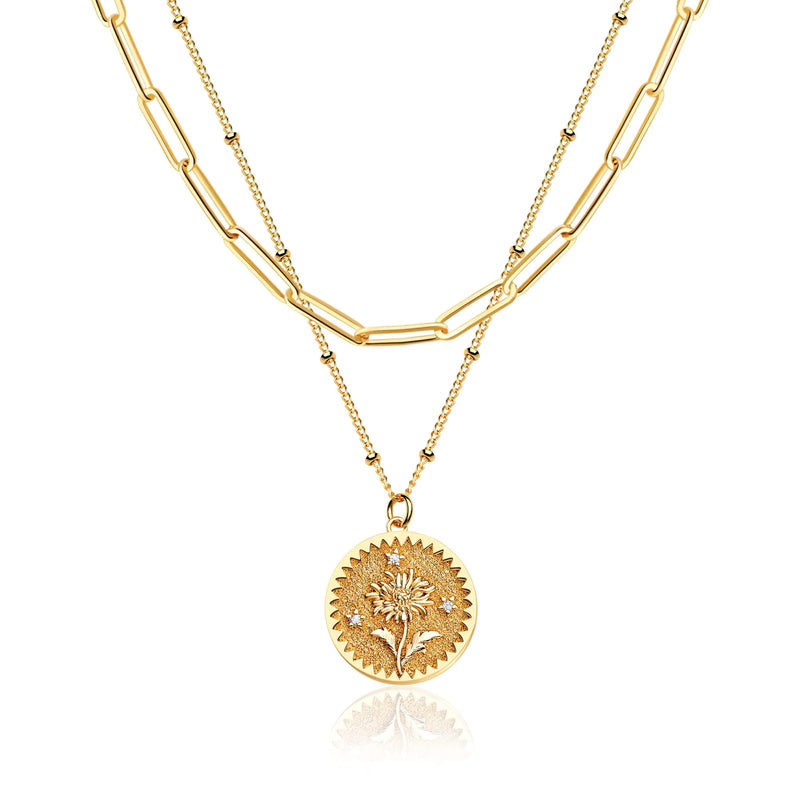 Valloey Rover Birth Flower Necklace for Women 14K Gold Plated Layered Dainty Carved Floral Pendant Necklace Personalized Engrave Month Necklace for Birthday Jewelry (November- Mums)