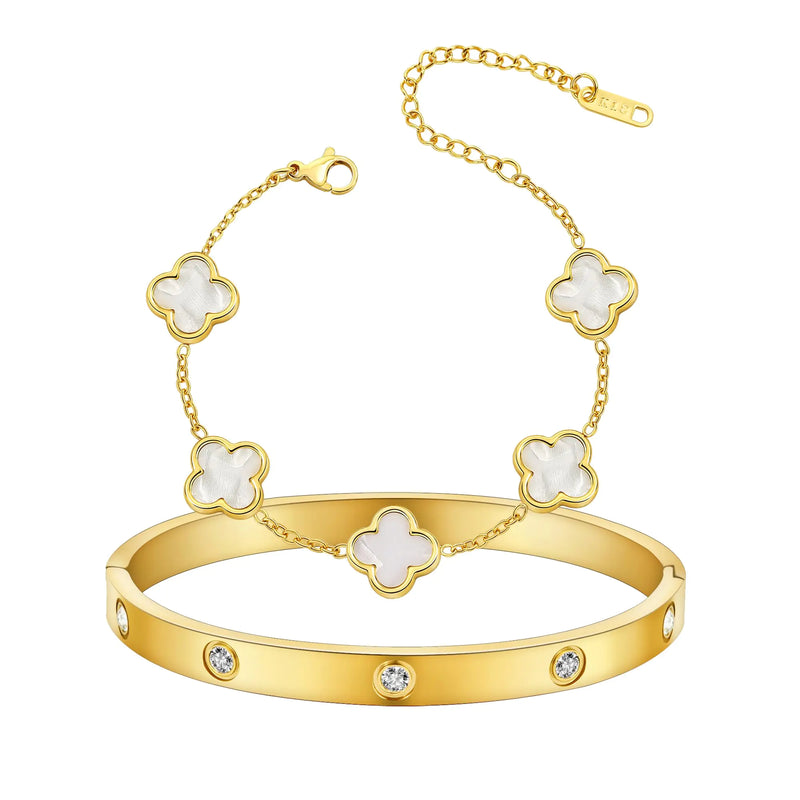 KIOGIU Women's Gold-Plated Clover Bangle Set